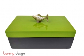 Rectangular black box with green lid attached fish